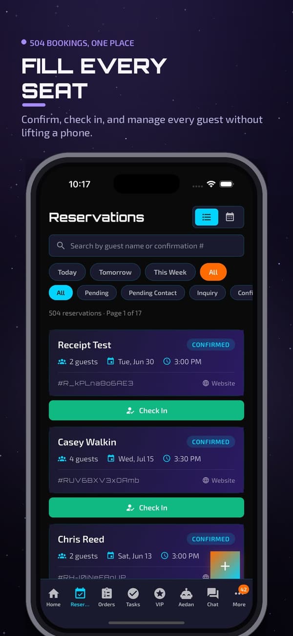 Aedan Rose app: reservations list with confirm and check-in for every guest
