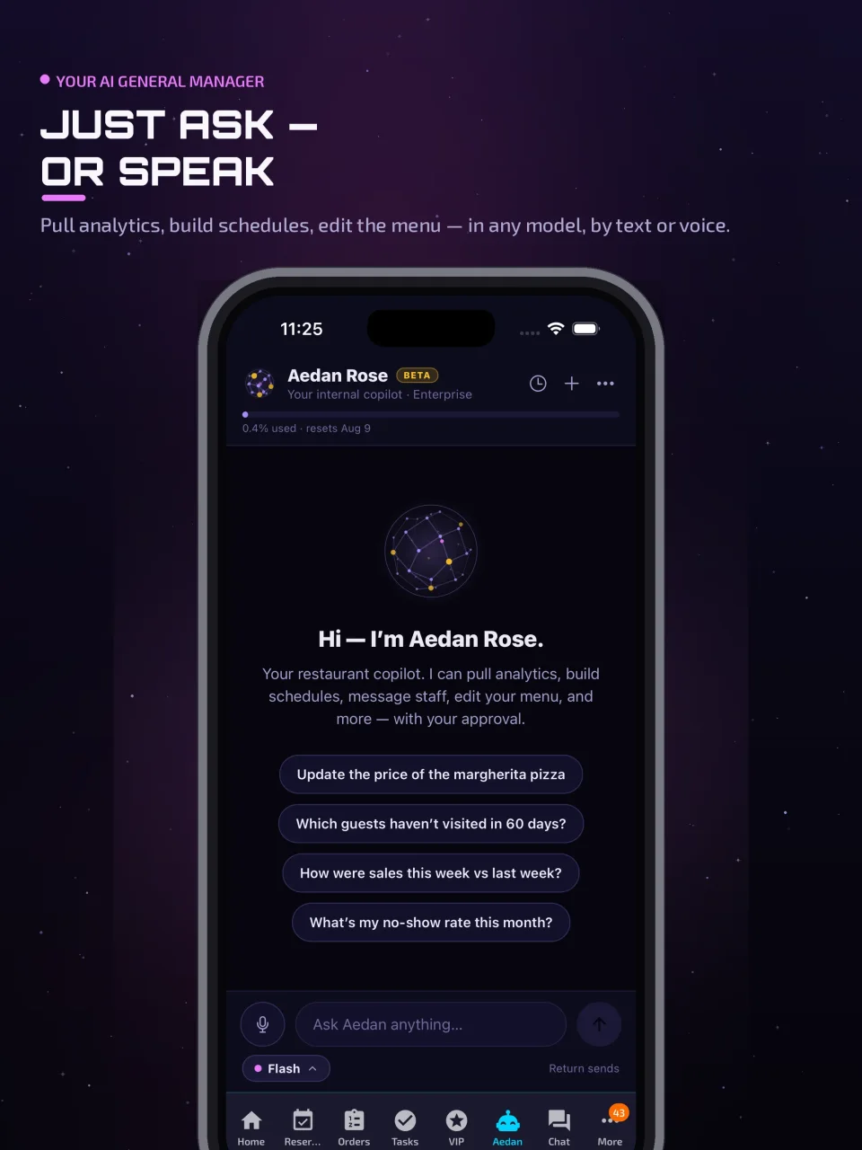 Aedan Rose restaurant AI on an iPad, chatting with a guest in plain language and completing a booking inside the conversation instead of routing it to a human