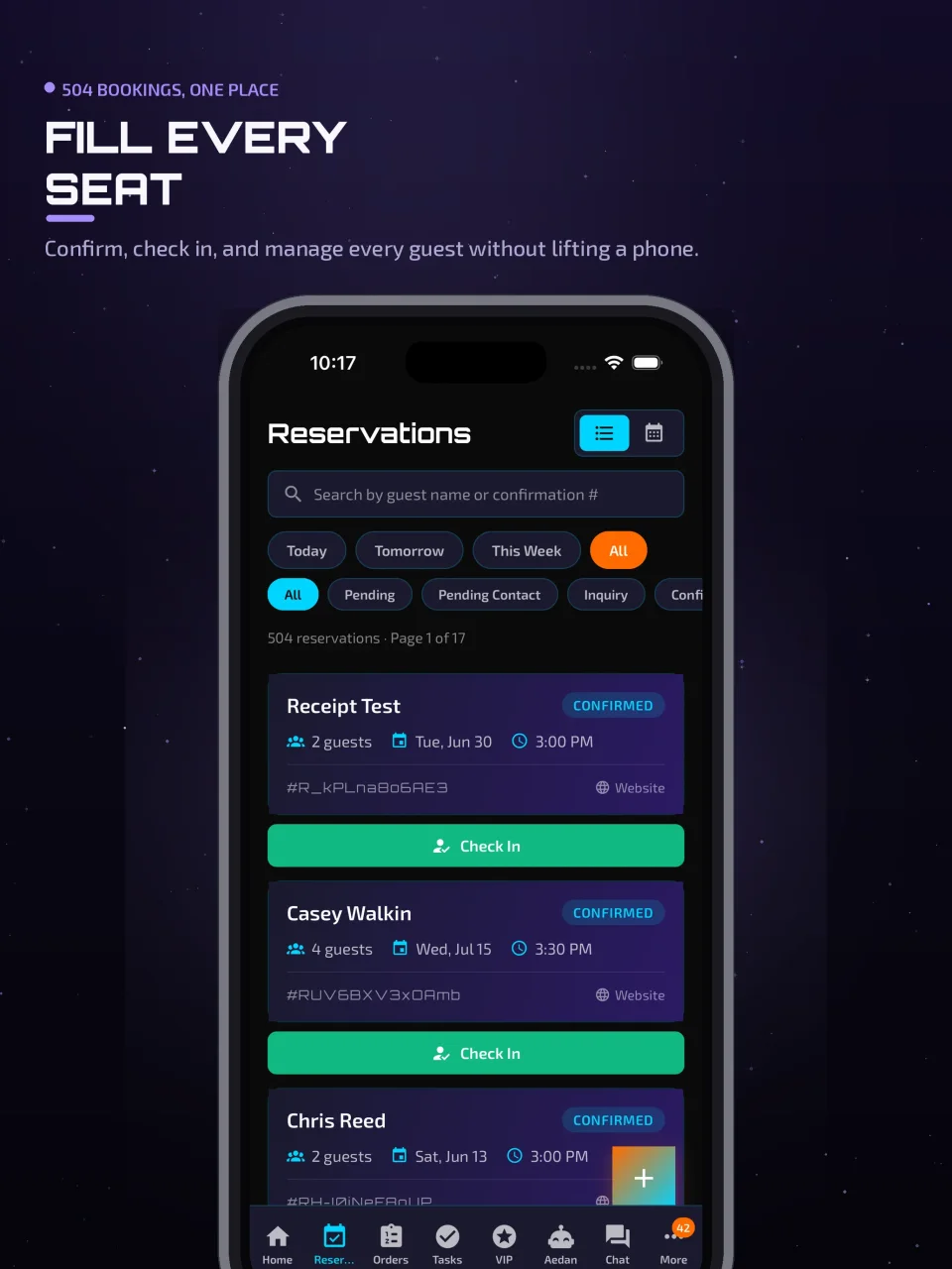Aedan Rose reservations screen on an iPad showing the day's bookings, covers, and party details — a modern alternative to Tock