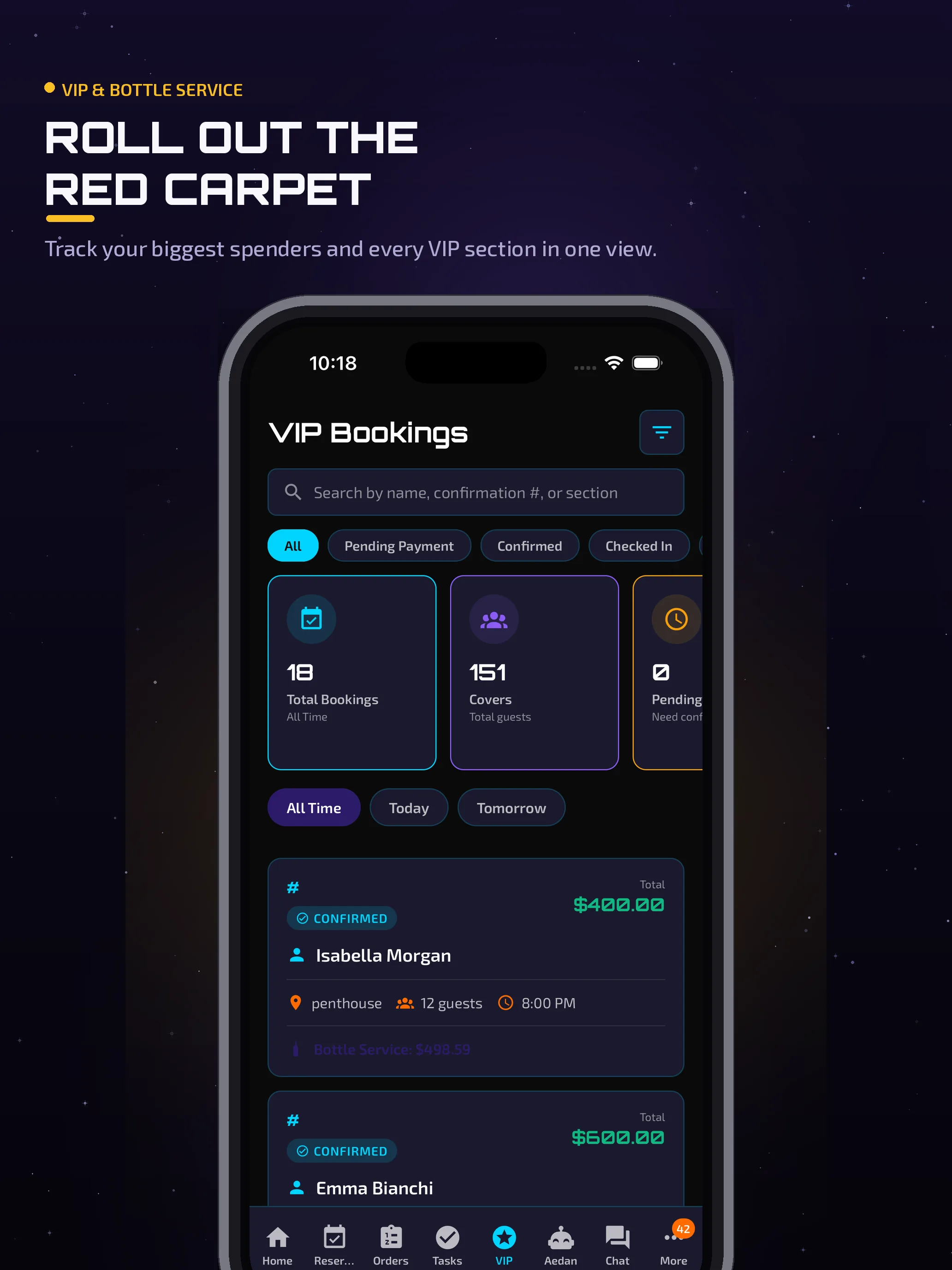 Aedan Rose VIP section booking screen on an iPad showing reserved sections and bottle-service deposits collected up front