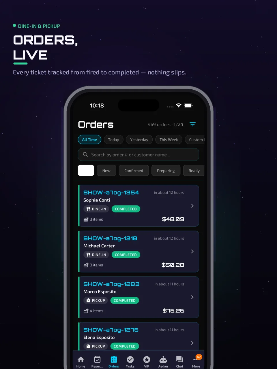 Aedan Rose online-ordering dashboard on an iPad — live orders and status updates that automatically trigger guest notifications