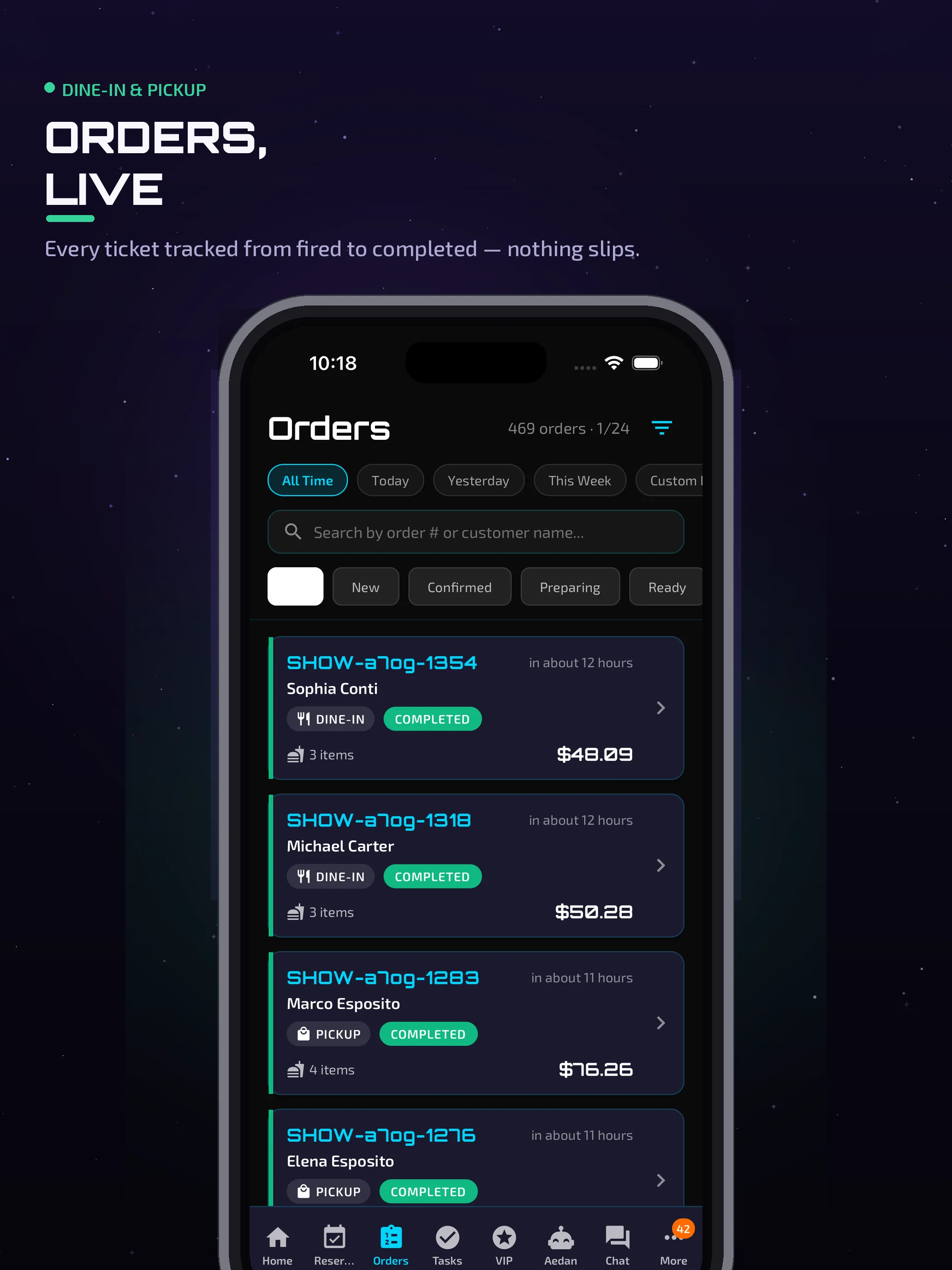 Aedan Rose online-ordering dashboard on an iPad — live orders and status updates that automatically trigger guest notifications