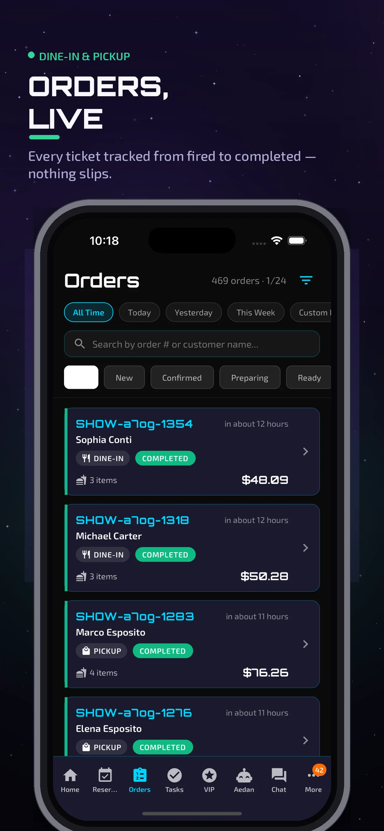 Aedan Rose online ordering on an iPhone — order status updates that notify the guest as the order progresses