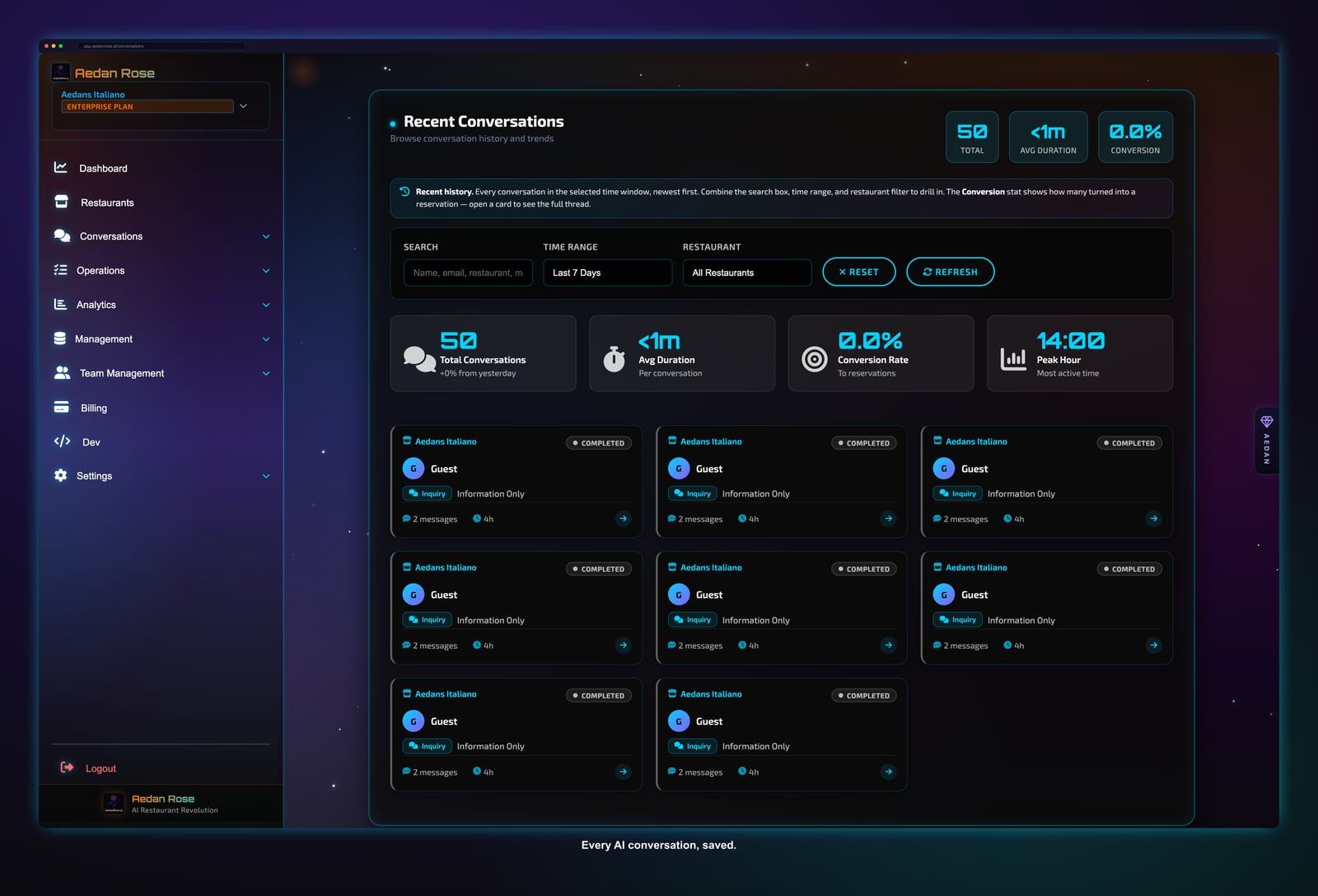 Aedan Rose AI conversations view showing guest chats, booking requests, and multi-language messages handled automatically