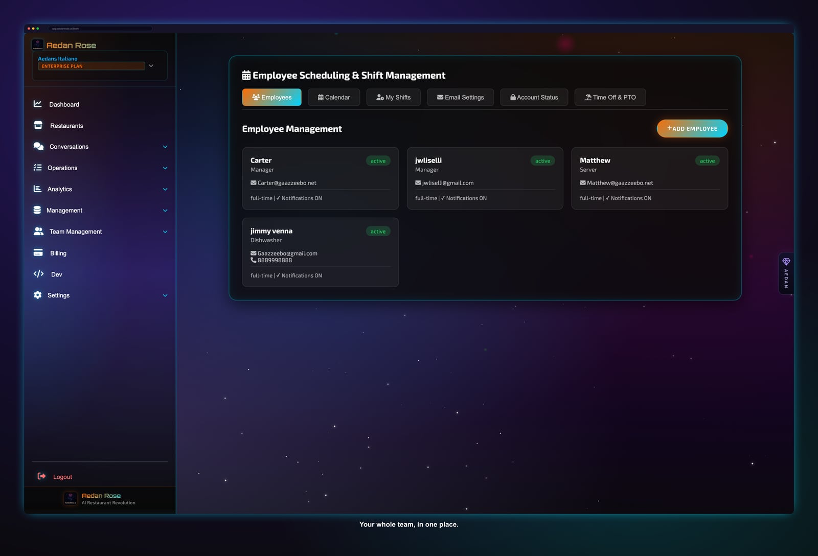 Aedan Rose employees dashboard showing the team roster with roles, availability, and contact details