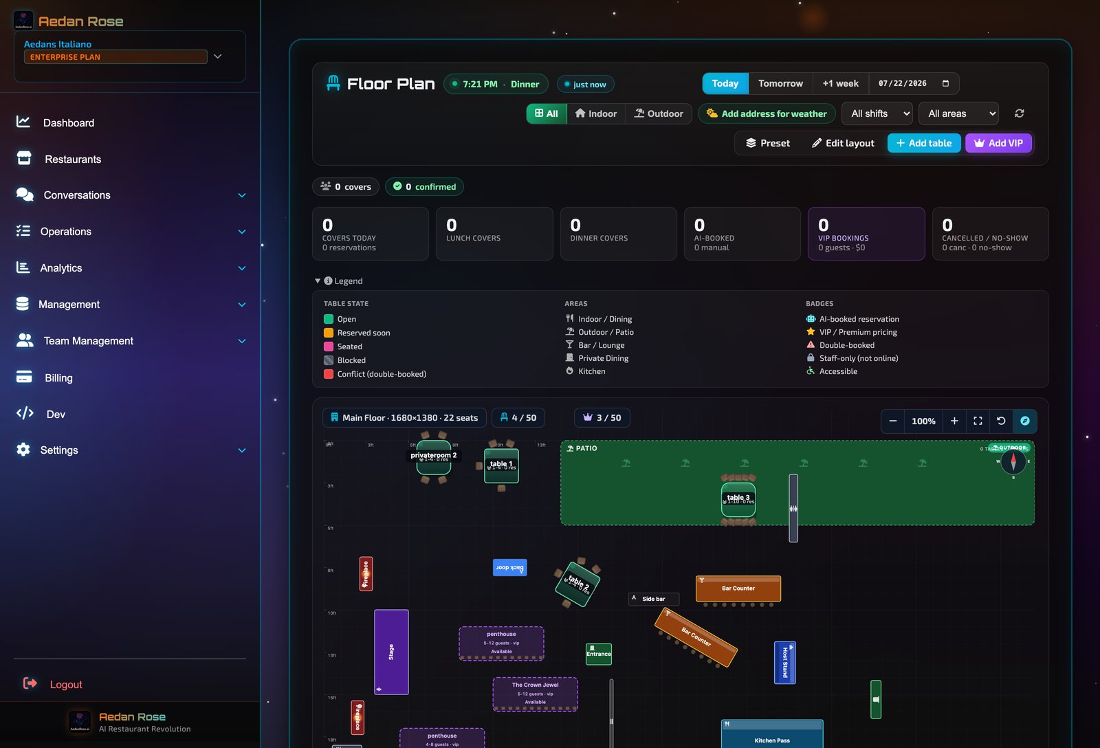 Live visual floor plan mapping tables, patio, bar and VIP sections with AI-booked seats updating in real time