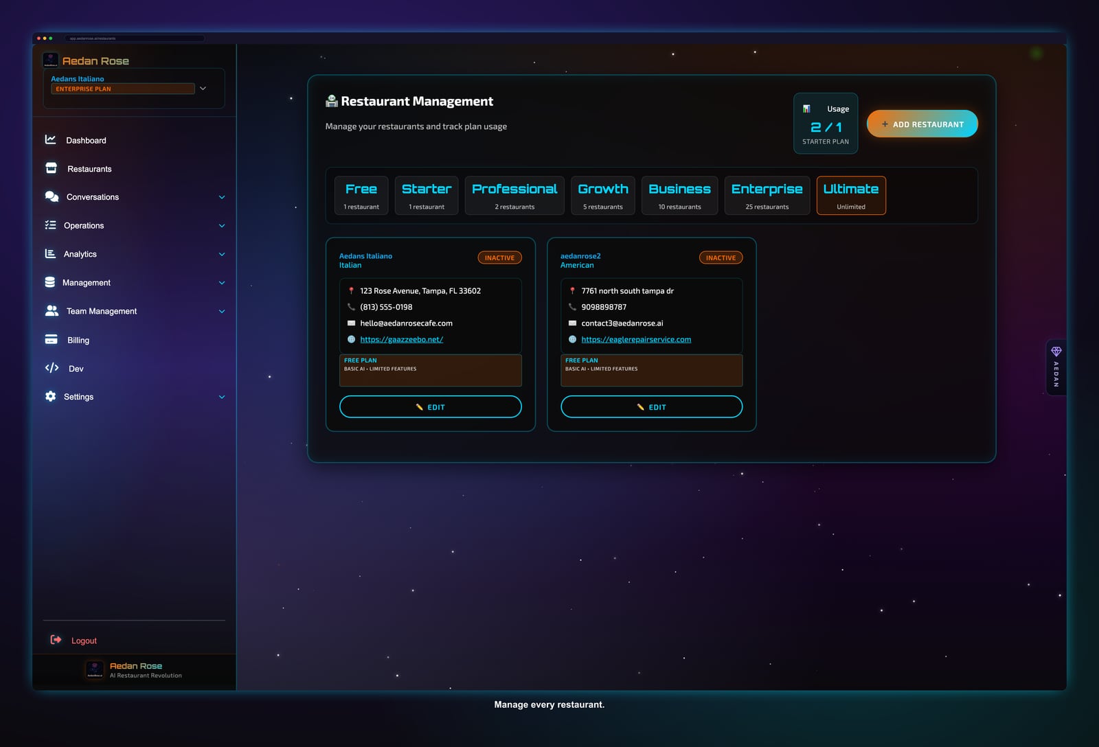 Aedan Rose restaurant switcher and locations list showing multiple sites, each with isolated data, teams, and billing