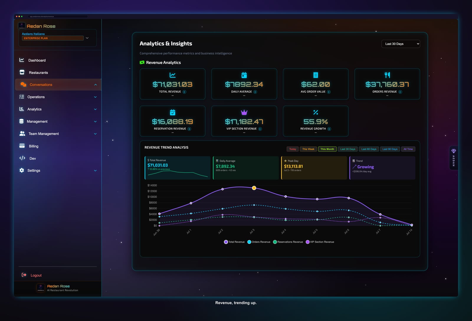 Aedan Rose revenue analytics showing trends, breakdowns, and portfolio-level financial reporting across the hospitality stack