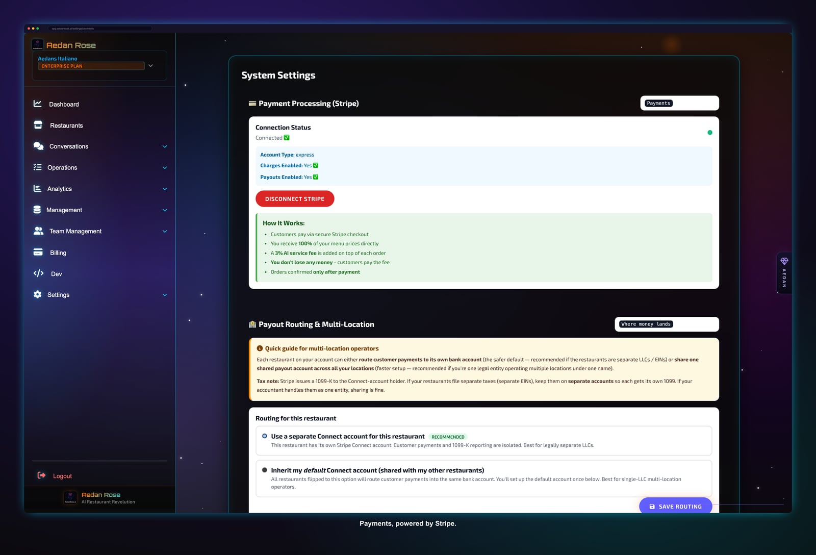 Gabriel's payment settings showing a Stripe-connected payout account so the restaurant keeps getting paid securely and directly