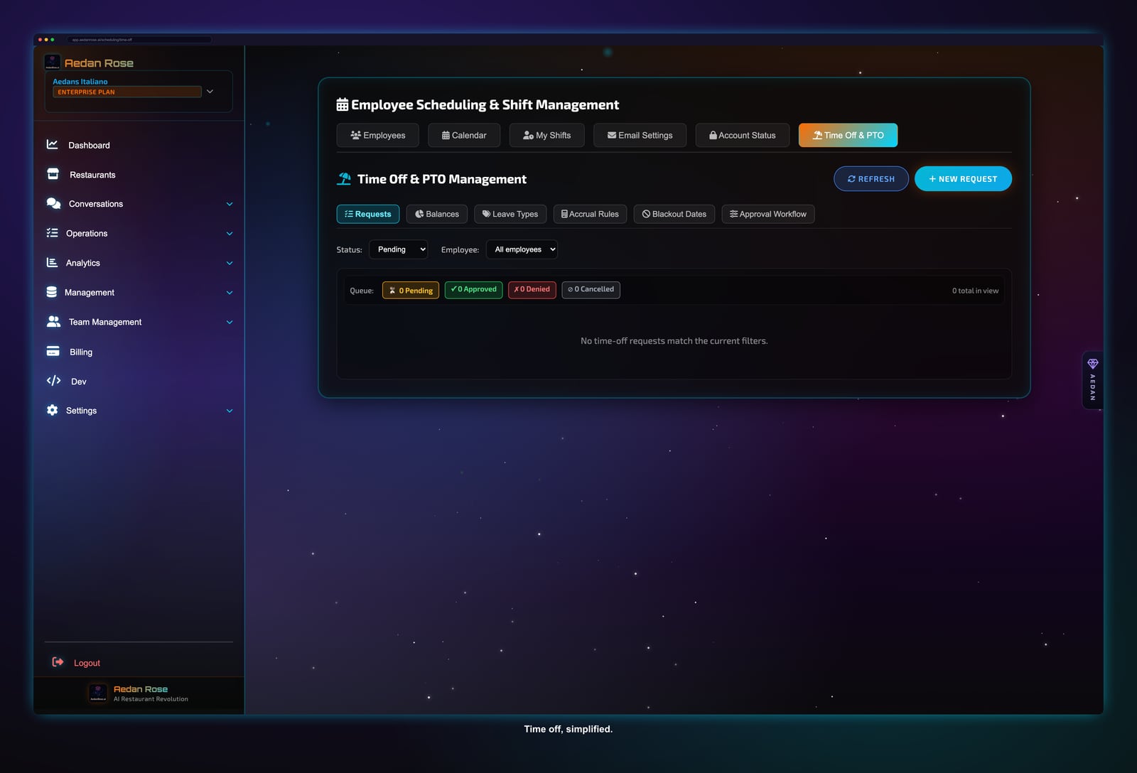 Time-off request dashboard with approve and deny controls and automatic conflict checking for staff coverage