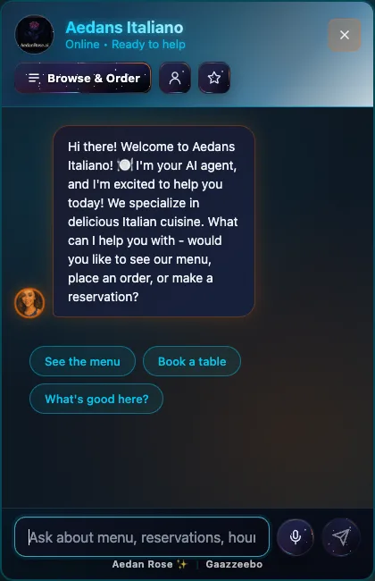 Aedan's Italiano guest widget welcoming a diner with quick choices for the menu, a table, or recommendations