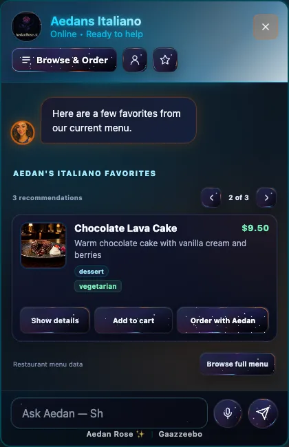 Aedan's Italiano widget showing a visual menu recommendation with price, dietary details, and ordering actions