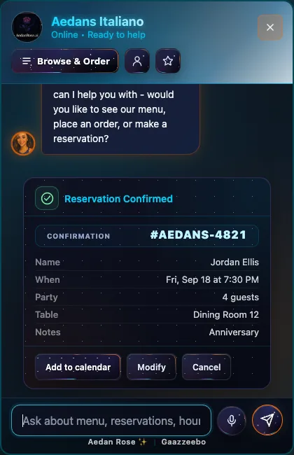 Aedan's Italiano widget showing a confirmed reservation with date, time, party, table, and management actions