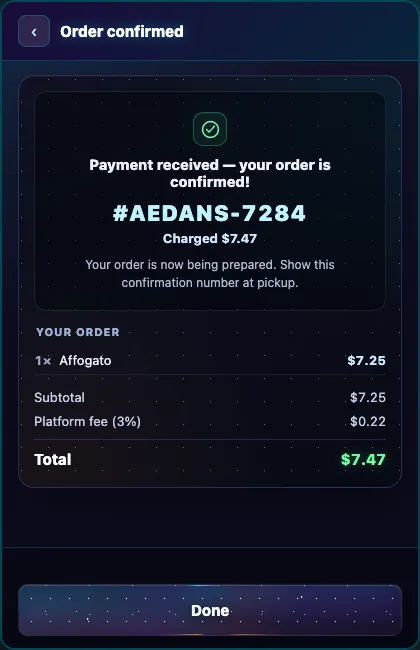 Aedan's Italiano direct-order receipt showing payment confirmation, order number, itemized total, and preparation status